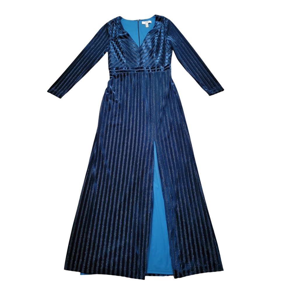 Belle Badgley Mischka Teal Blue‎ Velvet Metallic Stripe Maxi Gown Front Slit 6